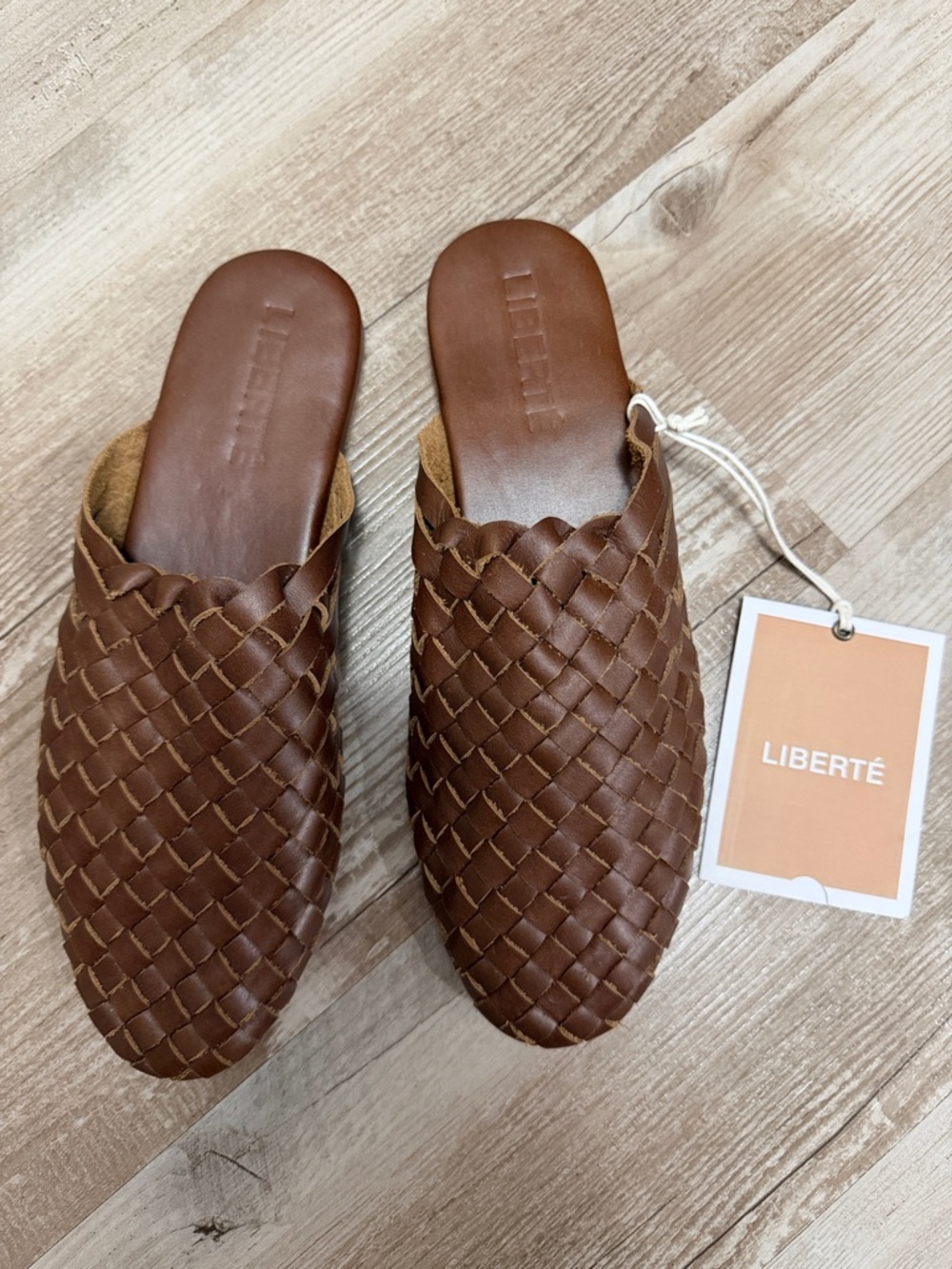 NWT Liberté Leather Tulum Woven Mules in Cognac